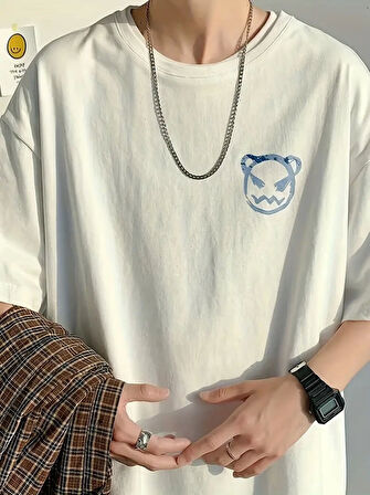 Baskılı Oversize Bisiklet Yaka T-shirt - Beyaz