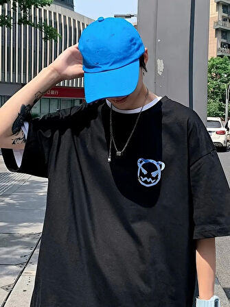 Baskılı Oversize Bisiklet Yaka T-shirt - Siyah