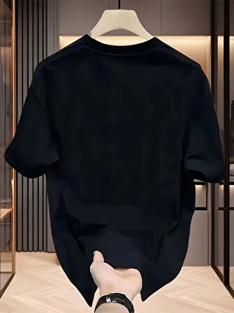 Baskılı Oversize Bisiklet Yaka T-shirt - Siyah