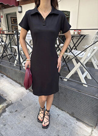 Osy Modal Yumuşak Dokulu Kumaş Yakalı Kısa Kollu Elbise - Siyah