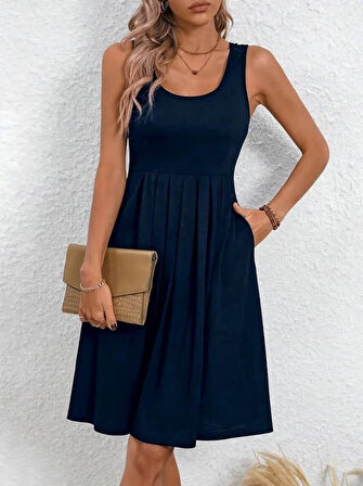 Kadın Askılı Yuvarlak Yaka önden Pileli Viskon Elbise