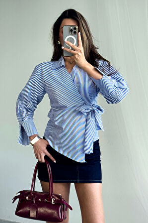 ÇİZGİLİ POPLİN KRUVAZE BAĞLAMALI GÖMLEK - Mavi