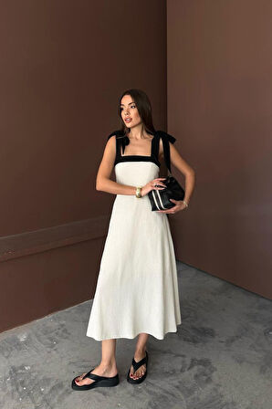 Bej Omuzdan Bağlamalı Keten Elbise