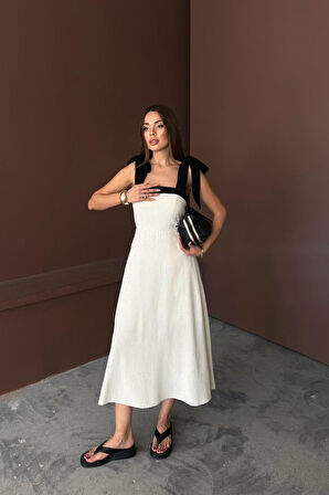 Bej Omuzdan Bağlamalı Keten Elbise