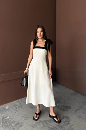 Bej Omuzdan Bağlamalı Keten Elbise