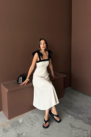 Bej Omuzdan Bağlamalı Keten Elbise