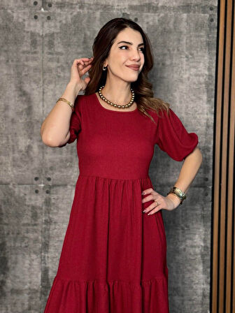 Kadın Kısa Kollu Yakası Açık Katlı Bürümcük Balon Elbise