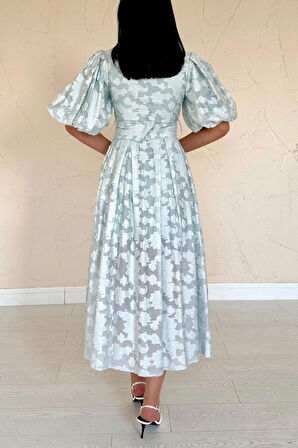 Mint Kemerli Balon Kollu Elbise