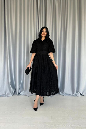 Siyah Kemerli Balon Kollu Elbise