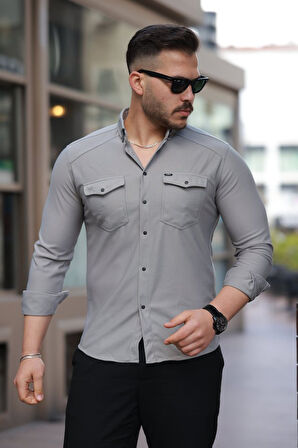 Erkek çift Cepli çıtçıt Düğmeli Uzun Kollu Gömlek