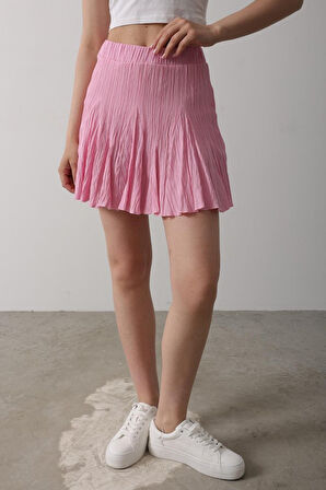 Beli Lastikli Mini Etek - Pembe