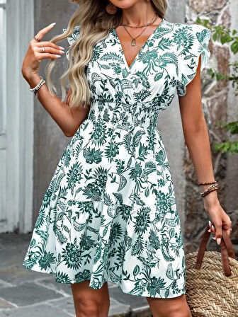 Kadın Kısa Fırfır Kollu Kruvaze Yaka çiçekli Atlas Elbise