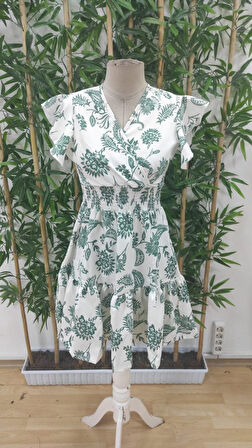 Kadın Kısa Fırfır Kollu Kruvaze Yaka çiçekli Atlas Elbise