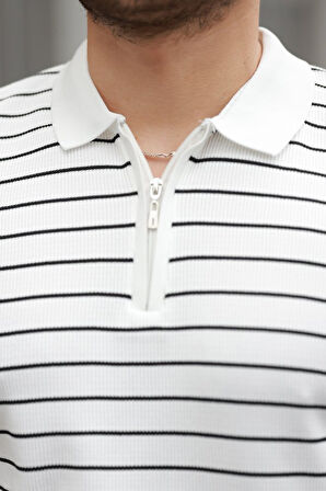 Erkek Fermuar Yakalı çizgili Kısa Kollu T-shirt