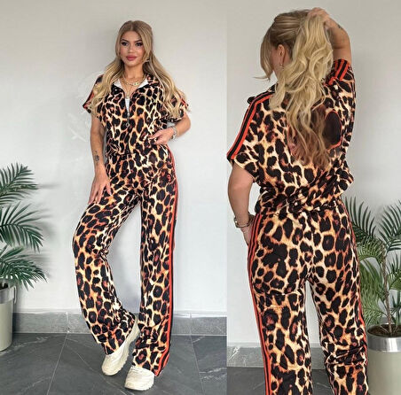 Kadın Dalgıç Kumaş Dijital Leopar Baskılı şerit Detaylı Takım