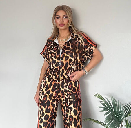 Kadın Dalgıç Kumaş Dijital Leopar Baskılı şerit Detaylı Takım