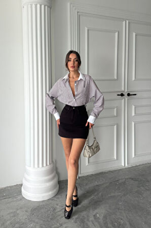 YAKA VE MANŞET BEYAZBOYFRİEND ÇİZGİLİPOPLİN GÖMLEK - Kahverengi