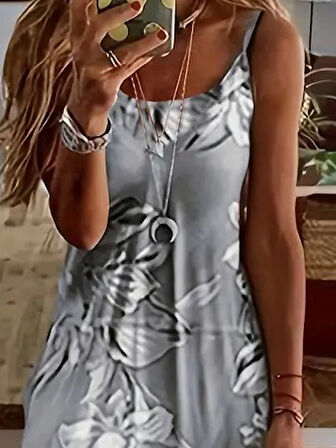 Kadın Askılı Yuvarlak Yaka Etek Geniş Kesim Desenli Süprem Elbise