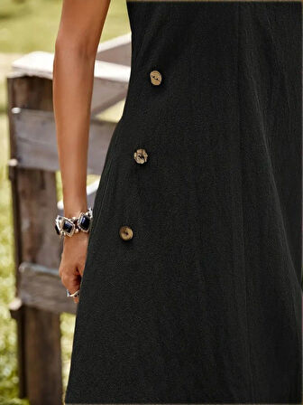 Kadın Askılı Yuvarlak Yaka Düğmeli Asimetrik Kesim Detaylı Ithal Keten Elbise