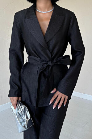 Siyah Beli Kuşaklı Ceket Ve Pantolon Parlak Takım