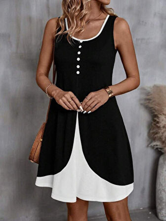 Kadın Askılı Yuvarlak Yaka önden Düğmeli çift Renkli Viskon Elbise