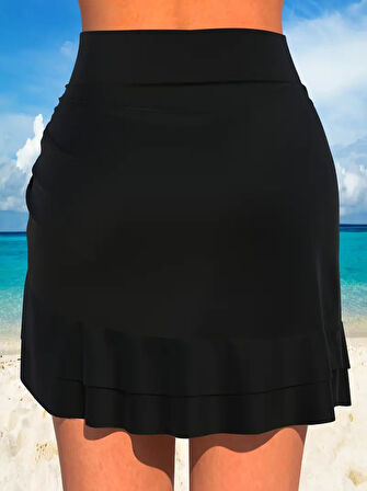 Kadın Yüksek Bel Yandan Büzgülü Fırfırlı Kısa Sandy Etek