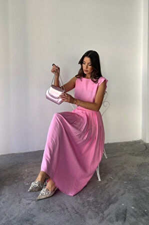 KETEN KOLSUZ BLUZ - MAXİ ETEK TAKIM - Pembe