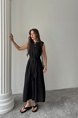 KETEN ELBİSE KOLSUZ BEL BAĞLAMALI MAXİ ELBİSE - Siyah
