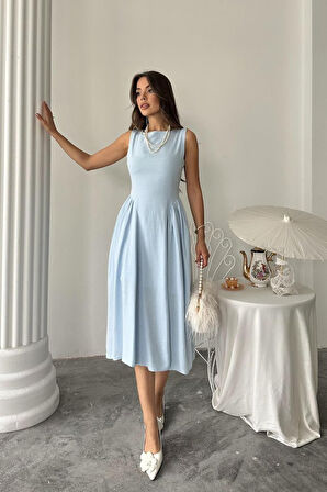 Mavi Yanları Büzgülü Midi Boy Keten Elbise