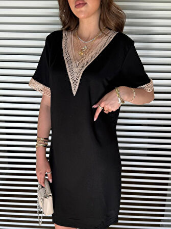 Kadın V Yaka Güpürlü İki İplik Elbise