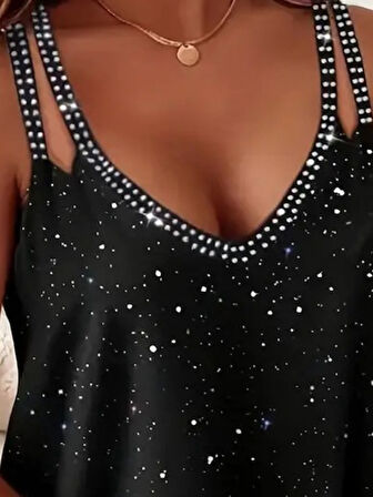 Kadın çift Askılı Derin V Yakalı Taşlı Sandy Bluz