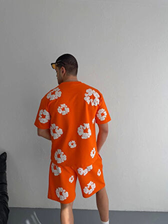 İki İplik Kumaş Baskılı T-shirt Şortlu Takım- Turuncu