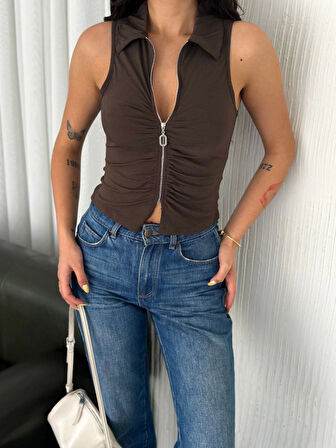 Yakalı Tam Fermuarlı Kolsuz Bluz - Kahverengi