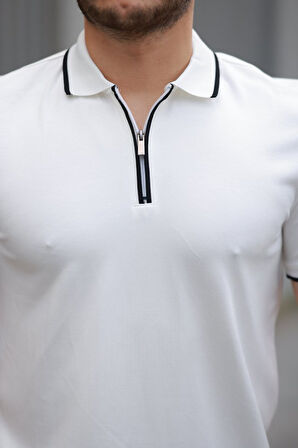 Erkek Fermuar Yakalı çizgi Detaylı Kısa Kollu Tişört