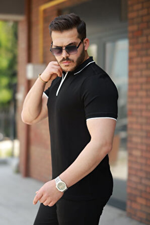 Erkek Fermuar Yakalı çizgi Detaylıkısa Kollu Tişört