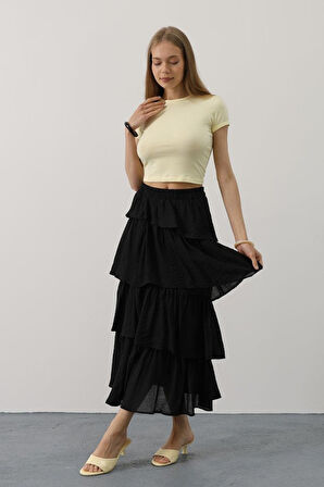Katlı Kesim Uzun Etek - Siyah