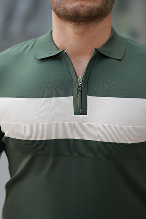 Erkek Fermuar Yakalı şerit Renk Desenli Kısa Kollu Tişört