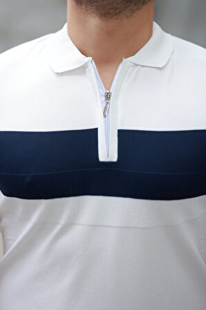 Erkek Fermuar Yakalı şerit Renk Desenli Kısa Kollu Tişört