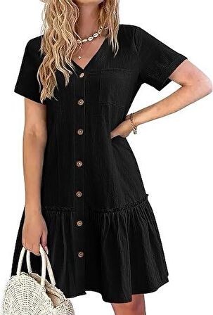 Kadın Cep Detaylı Düğmeli Viskon Keten Kumaş Elbise