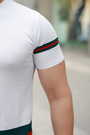 Erkek Bisiklet Yaka Bel Ve Kol şerit Desenli Kısa Kollu Tişört