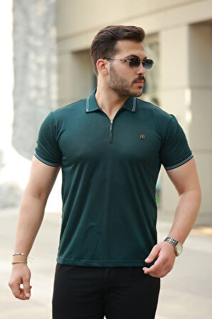 Erkek Yaka Ve Kolları çizgi Detaylı Fermuar Yakalı Kısa Kollu Tişört