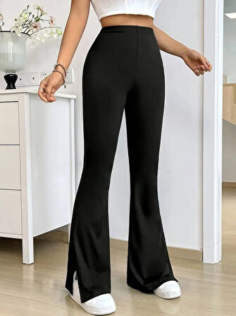 Kadın Yüksek Bel Paçaya Doğru Genişleyen Yandan Yırtmaçlı Dalgıç Pantolon