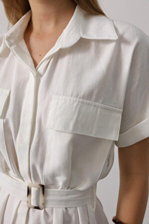 Kuşaklı Cep Detaylı Yarım Kol Elbise - Beyaz