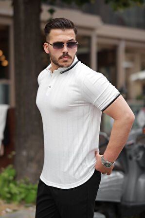 Erkek Düğme Yakalı Jakar Kumaş Kısa Kollu Tişört