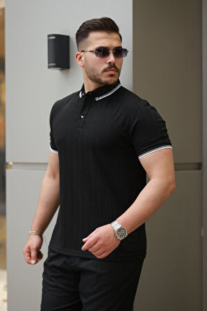 Erkek Düğme Yakalı Jakar Kumaş Kısa Kollu Tişört