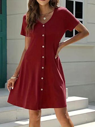 Kadın Kısa Kollu V Yaka önü Düğmeli Viskon Elbise