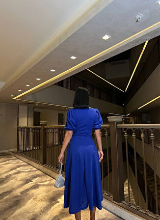 Kadın Bisiklet Yaka Kısa Kol Lastik Detay Uzun Elbise