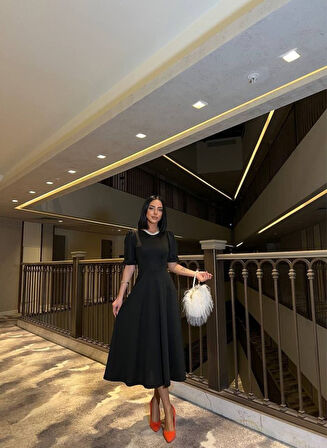 Kadın Bisiklet Yaka Kısa Kol Lastik Detay Uzun Elbise