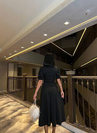 Kadın Bisiklet Yaka Kısa Kol Lastik Detay Uzun Elbise