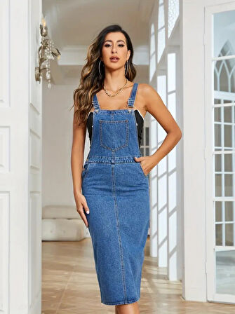 Kadın Askılı önü Cepli Diz Altı Kot Salopet